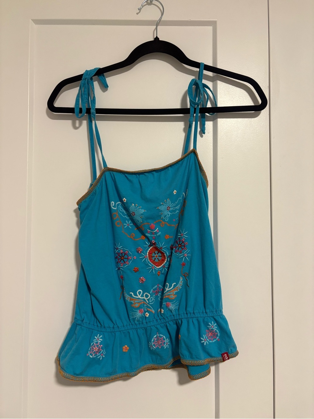 Y2K EDC Cotton Embroidered Tie-Shoulder Peplum Camisole Tank Top Size Medium - Picture 2 of 10